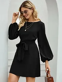 Vivient Women Elegant Black Elastic Sleeve Crepe Short Dress-thumb2