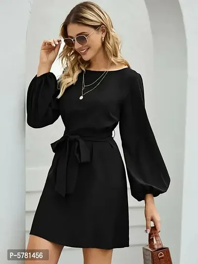 Vivient Women Elegant Black Elastic Sleeve Crepe Short Dress-thumb3