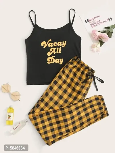 Women Cotton Printed Tee And Checked Lower