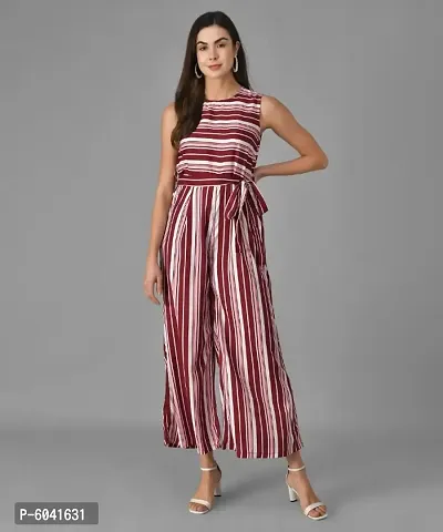 Trendy Women Maroon and Red Striped Fit and Flare Jumpsuit