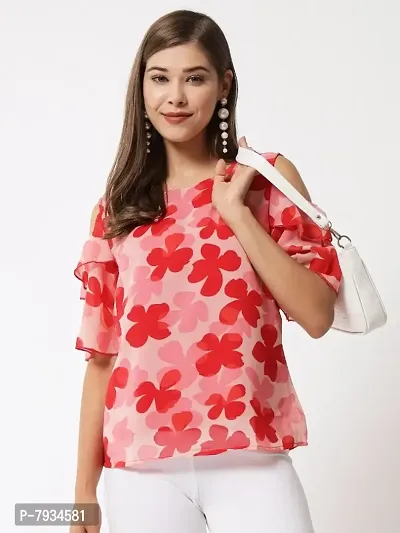 Women Pink Floral printed Cold Shoulder Top-thumb0