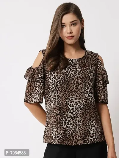 Women White Mix Tiger printed Cold Shoulder Top-thumb0