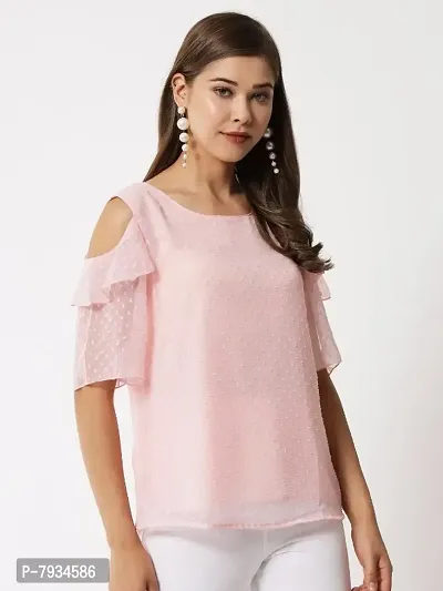 Women Peach Dotted Cold Shoulder Top