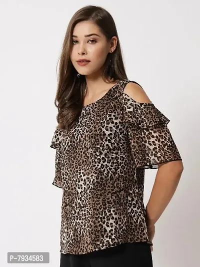 Women White Mix Tiger printed Cold Shoulder Top-thumb4