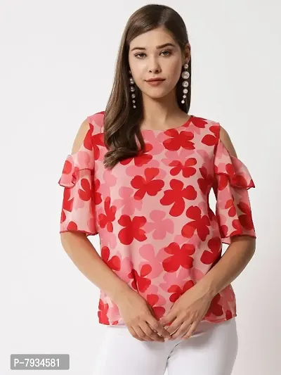 Women Pink Floral printed Cold Shoulder Top-thumb3