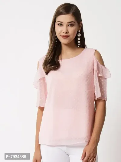 Women Peach Dotted Cold Shoulder Top-thumb2