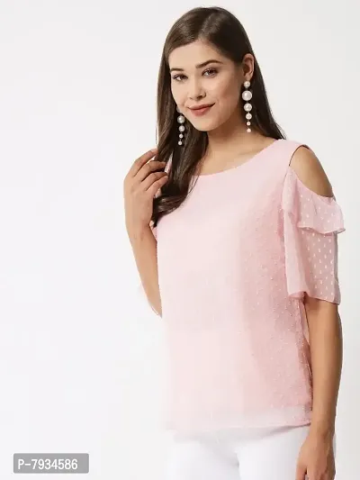 Women Peach Dotted Cold Shoulder Top-thumb3