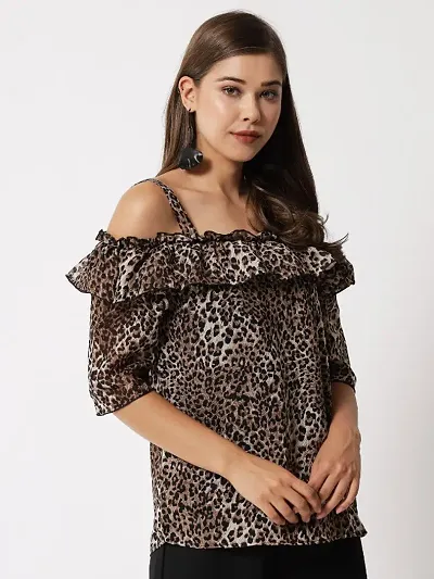 Vivient women mix tiger cold shoulder top