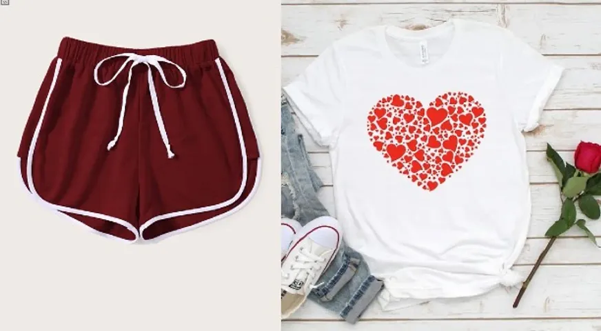 Women Shorts and Heart Printed T-Shirt Combo