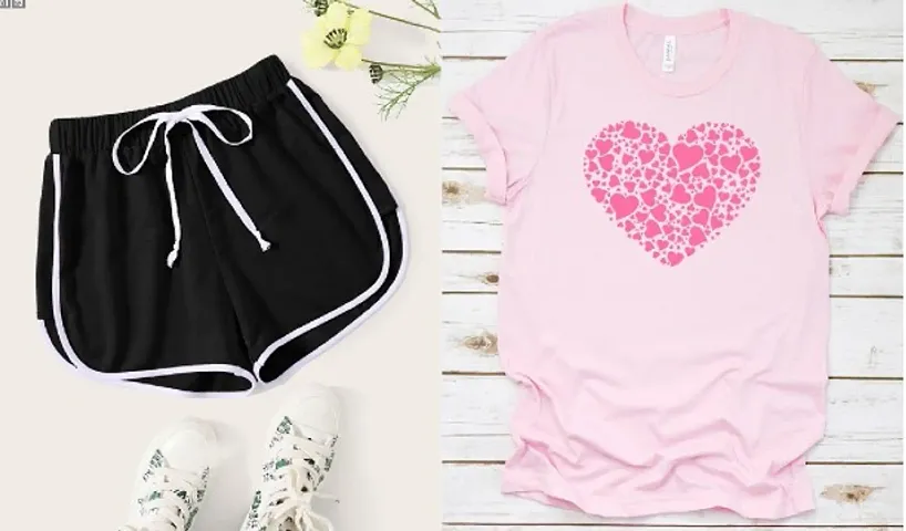 Women Shorts and Heart Printed T-Shirt Combo