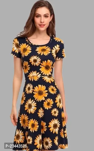 Elizy Women Yellow Flower Printed Black Crepe Short Dress-thumb0