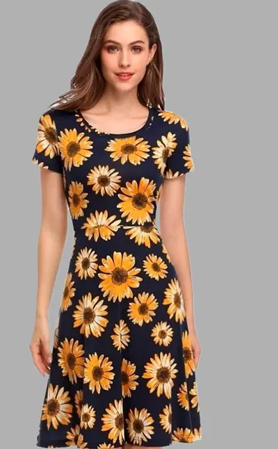 Elizy Women Yellow Flower Printed Black Crepe Short Dress