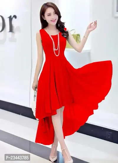 Elizy Women Red Plain Sleeveless High low Cut Georgette Dress