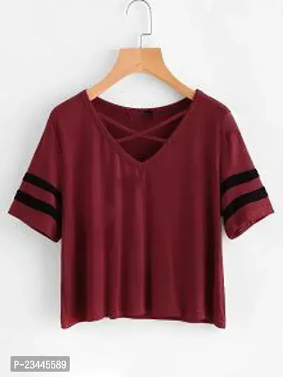 Trendy Maroon Cotton Blend V Neck Crop Top For Women-thumb0