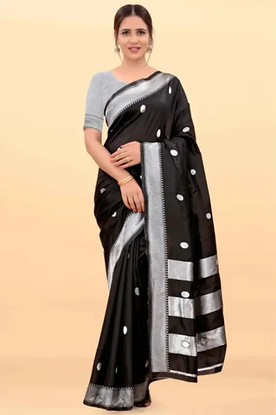 ROBES NEW ARRIVAL Women's Solid LITCHI SILK 5.5 Meter Saree with Unstitched Blouse Piece (BLACK)