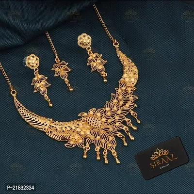 Siraaz Gold plated Ethnic Party Peacock NECKLACE SET for women with earrings-thumb0