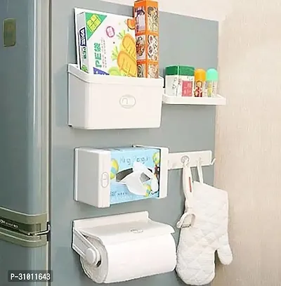 Kitchen Use Magnetic 5 in 1 Fridge Storage Rack Tissue Paper Roll Holder Spice Rack Towel Rack Hook Rack Cruet Stand Side Tray Refrigerator Organizer