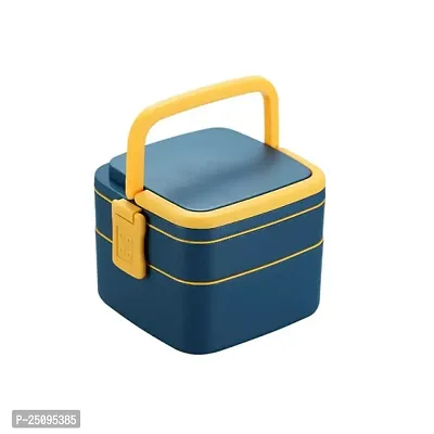 Blue Double-Layer Portable Lunch Box Stackable with Carrying Handle and Spoon Lunch Box, Bento Lunch Box-thumb0