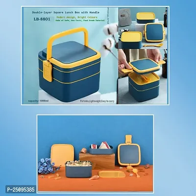 Blue Double-Layer Portable Lunch Box Stackable with Carrying Handle and Spoon Lunch Box, Bento Lunch Box-thumb4
