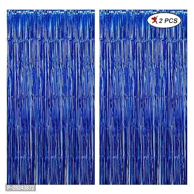 Classic Blue Foil Curtain 2 Pieces For Boys Birthday Decoration ,Blue, 6Ft x 3Ft-thumb0