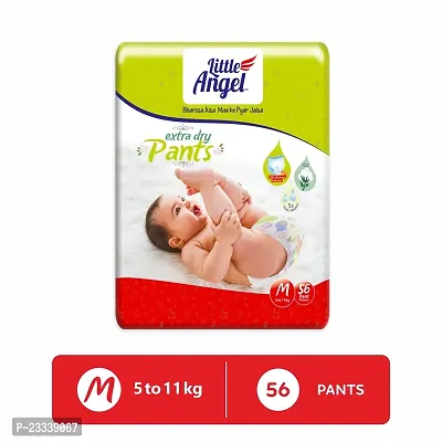 Little Angel Extra Dry Baby Pants Diaper, Medium (M) Size, 56 Count, Super Absorbent Core Up to 12 Hrs. Protection, Soft Elastic Waist Grip  Wetness Indicator, Pack of 1, 56 count/pack, Upto 5-11kg