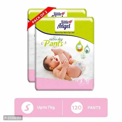 Little Angel Extra Dry Baby Pants Diaper, Small (S) Size, 120 Count, Super Absorbent Core Up to 12 Hrs. Protection, Soft Elastic Waist Grip  Wetness Indicator, Pack of 2, 60 count/pack, Upto 7kg-thumb0