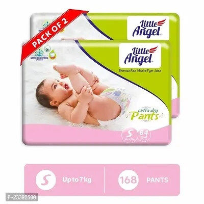 Little Angel Extra Dry Baby Pants Diaper, Small (S) Size, 168 Count, Super Absorbent Core Up to 12 Hrs. Protection, Soft Elastic Waist Grip  Wetness Indicator, Pack of 2, 84 count/pack, Upto 7kg