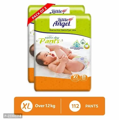 Little Angel Extra Dry Baby Pants Diaper, Extra Large (XL) Size, 112 Count, Super Absorbent Core Up to 12 Hrs. Protection, Soft Elastic Waist Grip  Wetness Indicator, Pack of 2, 56 count/pack, Over 1
