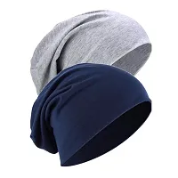 JAZAA Unisex Fashion Thin Knit Slouchy Beanie Hat Soft Stretch Skull Cap (Blue, Light Grey)-thumb1