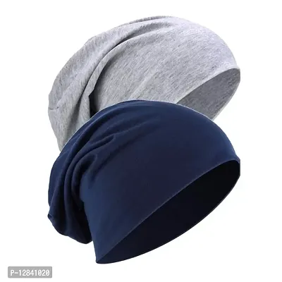 JAZAA Unisex Fashion Thin Knit Slouchy Beanie Hat Soft Stretch Skull Cap (Blue, Light Grey)-thumb2