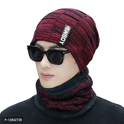 Mens Hat and Scarf Set, Mens Slouch Beanie Hat Hick Fleece Lined Winter Hat & Scarf for Men Women Gifts (red 1)