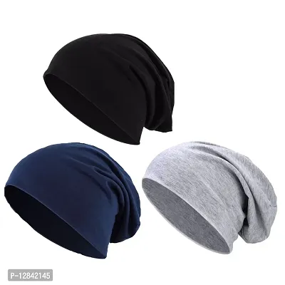 JAZAA Unisex Fashion Thin Knit Slouchy Beanie Hat Soft Stretch Skull Cap (Blue, Light Grey, Black)