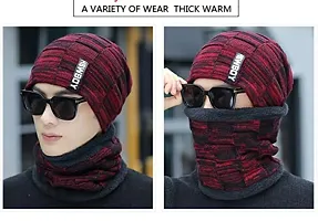 Mens Hat and Scarf Set, Mens Slouch Beanie Hat Hick Fleece Lined Winter Hat & Scarf for Men Women Gifts (red 1)-thumb1