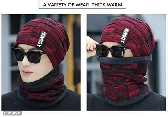 Mens Hat and Scarf Set, Mens Slouch Beanie Hat Hick Fleece Lined Winter Hat & Scarf for Men Women Gifts (red 1)-thumb2