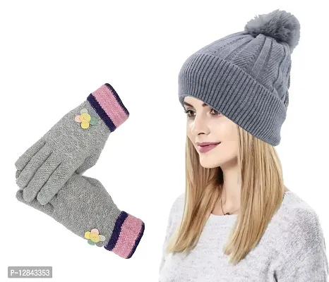 JAZAA Women Beanie Warm Winter Corkscrew Cable Knitted Bobble Hat Plain Ski Pom Wooly Cap, Warm Gloves(Combo) (Grey)