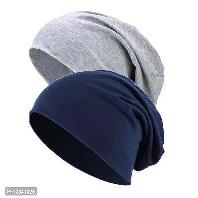 JAZAA Unisex Fashion Thin Knit Slouchy Beanie Hat Soft Stretch Skull Cap (Blue, Light Grey)-thumb0