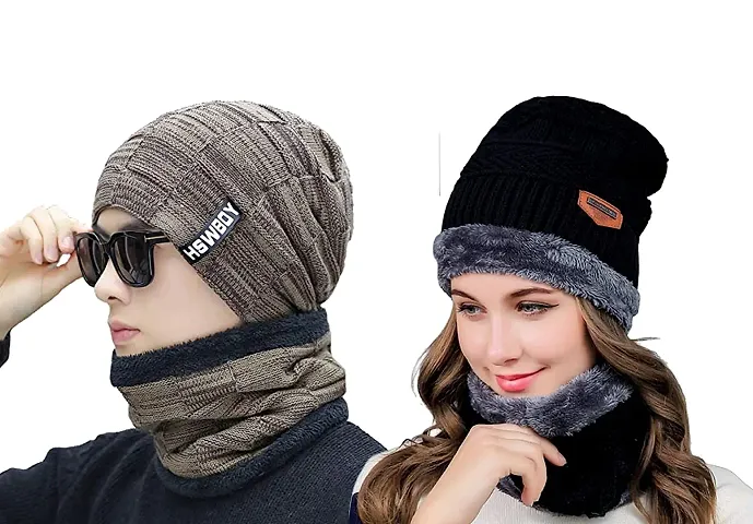 Men Hat and Scarf Set, Men Slouch Beanie Hat Hick Fleece Lined Winter Hat & Scarf for Men Women Gifts (COMBO) (BLACK 1)