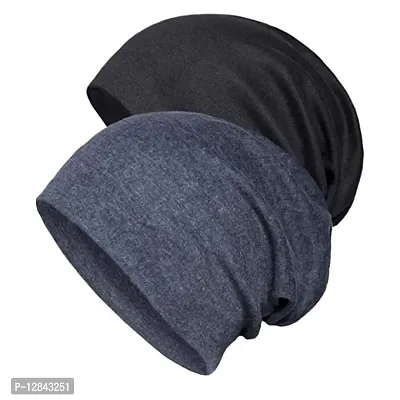 JAZAA Unisex Fashion Thin Knit Slouchy Beanie Hat Soft Stretch Skull Cap (Black, Dark Grey)