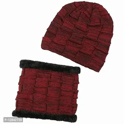 Mens Hat and Scarf Set, Mens Slouch Beanie Hat Hick Fleece Lined Winter Hat & Scarf for Men Women Gifts (red 1)-thumb5