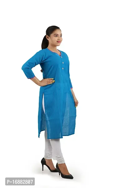 Beautiful Pure Cotton Silk Thread Lining Straight Kurti (Kurta) with Deep Round Neck for Girls Women Pack of 1 (Size- XL 44) (Blue)-thumb4