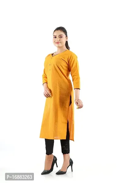 Pure Cotton Silk Thread Lining Straight Kurti (Kurta) with Deep Round Neck for Girls Women Pack of 1 Size- M(40) (Yellow)-thumb2