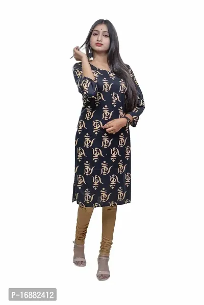 Stylish Pure Cotton Silk OM Printed Straight Kurti (Kurta) with Front Round and Beautiful Back Neck Design for Girls Women Pack of 1 Black Color-thumb0