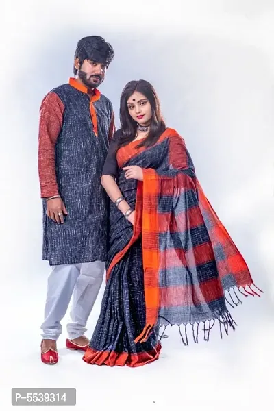 Orange love - Handloom Pure Cotton Saree-Kurta Couple Set | Dheu