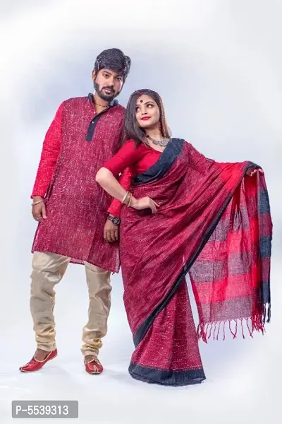 Men's  Women Pure Handloom Khadi Saree,Kurta (Couple Set)-thumb2