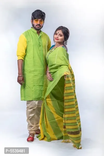 Matching Combo Couple Outfit With White Saree And Mens Kurta - BLISSBIE -  4255342