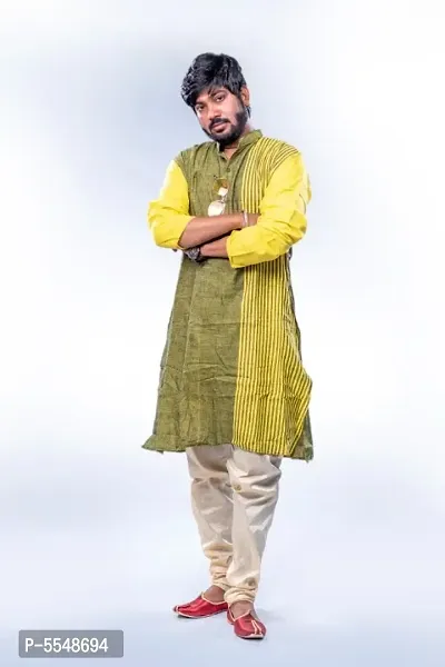 Men's Solid khadi handloom Premium 100% Cotton Ethnic Full Sleeve desigen stripe kurta for men-thumb0