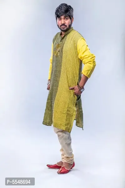 Men's Solid khadi handloom Premium 100% Cotton Ethnic Full Sleeve desigen stripe kurta for men-thumb2