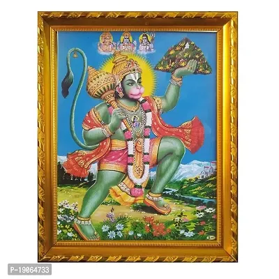 Lalitha Photo Frame Works Lord Hanuman with Sanjeevani Gold Photo Frame for Pooja Room (13 X 10 Inch)