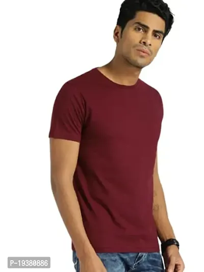 Reliable Maroon Polycotton Solid Round Neck Tees For Men