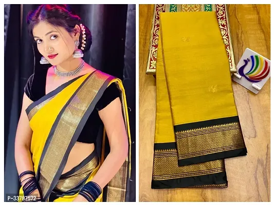 Stylish Yellow Cotton Silk Woven Design Saree With Blouse Piece For Women-thumb0